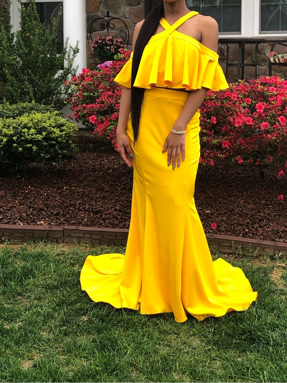 Yellow Off-Shoulder Ruffle Mermaid Dress
